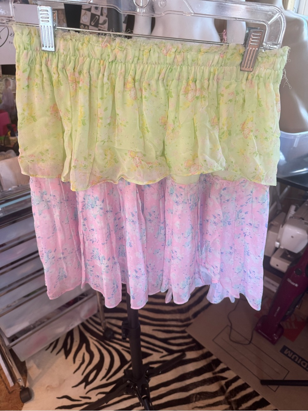 LoveShackFancy Pastel Pink & Lime Ruffled Tiered Mini Skirt
